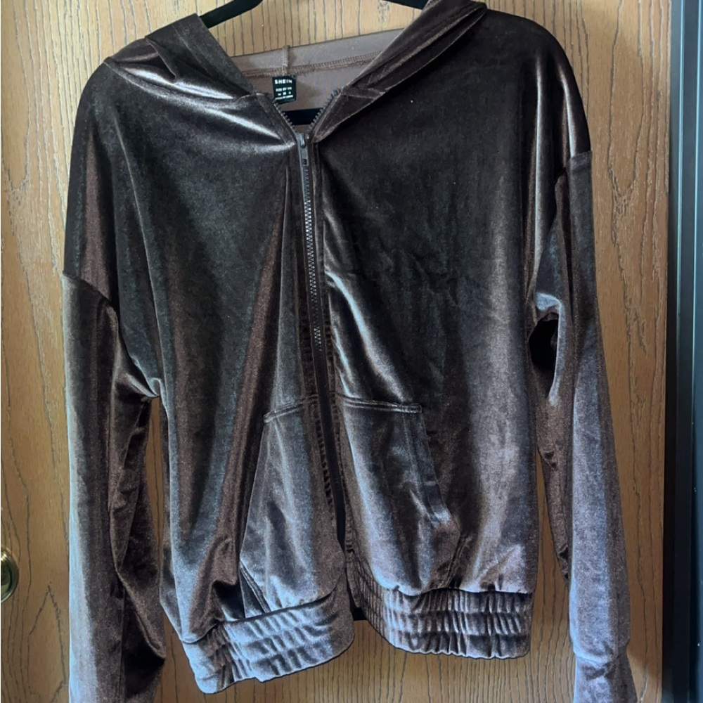 SHEIN Chocolate Velvet Zip-Up Jacket